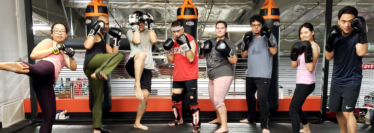 A diverse group of kickboxing students all facing the camera in a variety defensive and offensive poses.